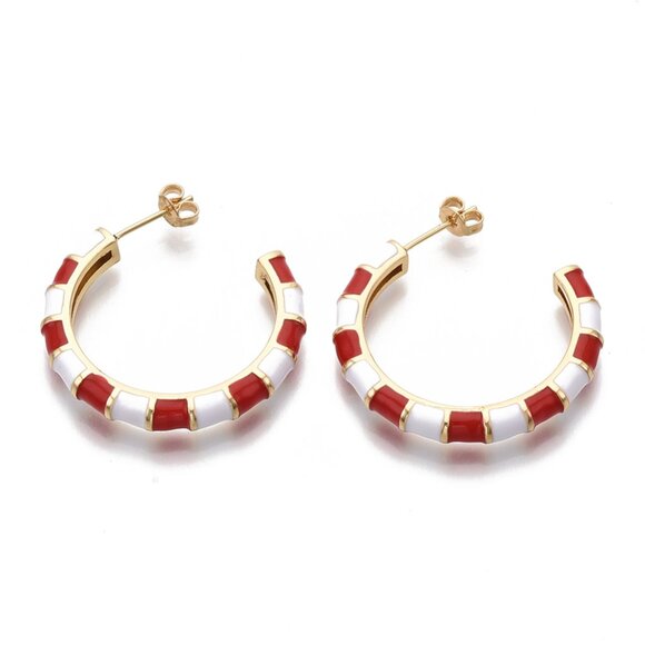 Bamboo Style C shaped  half circle Stud hoop enamel Earrings red white real gold - Picture 2 of 3